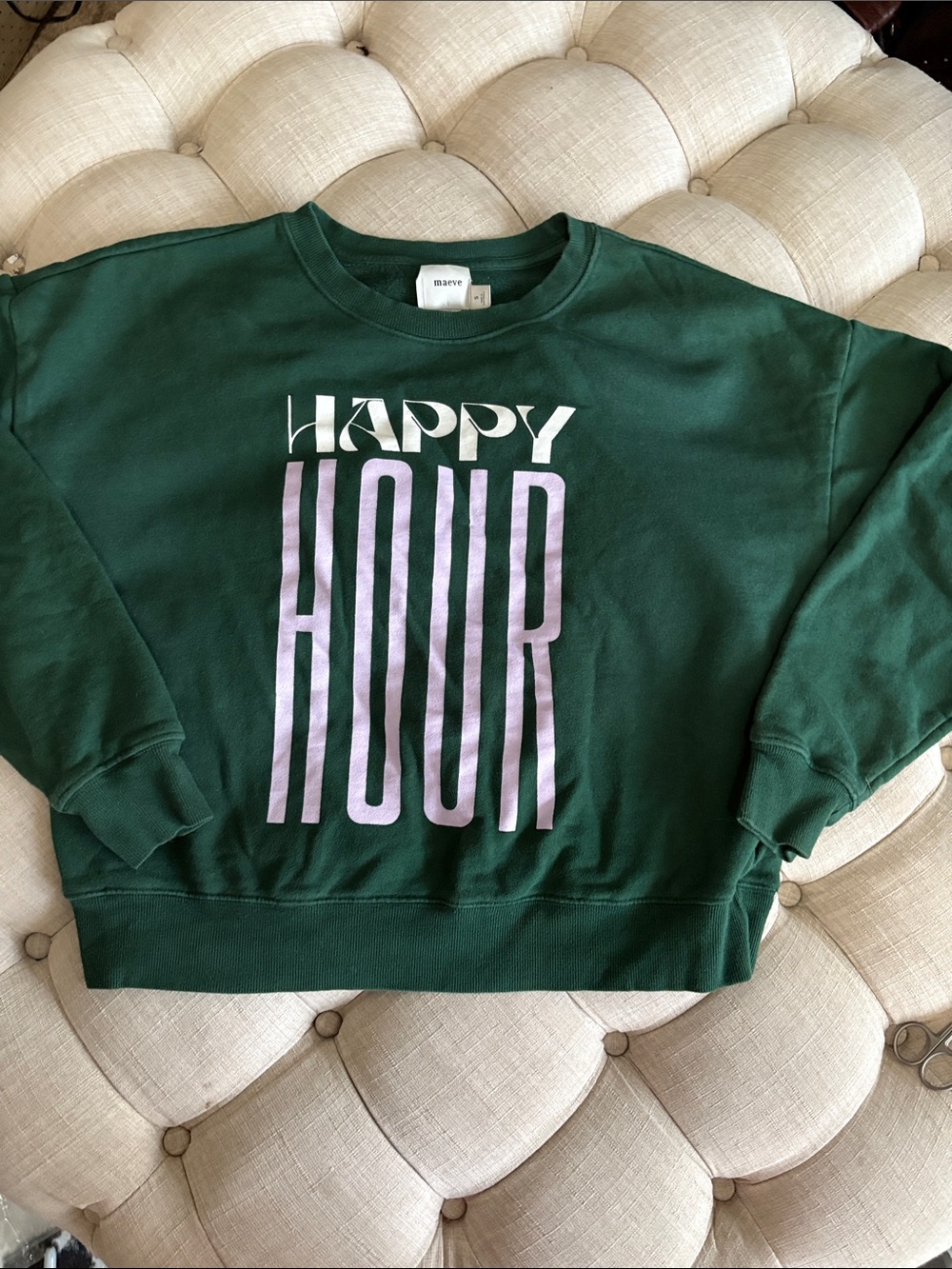 Anthropologie MaeveForest Green 'HAPPY HOUR' Graphic Sweatshirt with Lilac Print